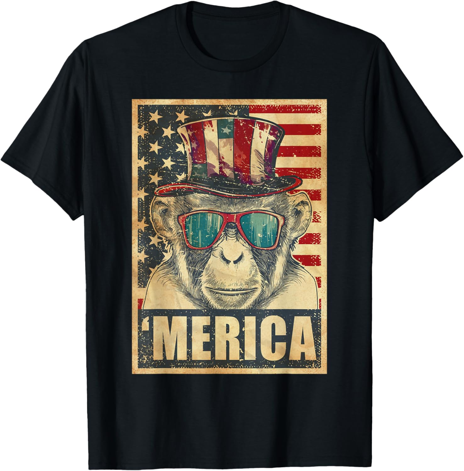 Monkey Merica Vintage American Flag 4th Of July T-Shirt - T-Shirt | Black