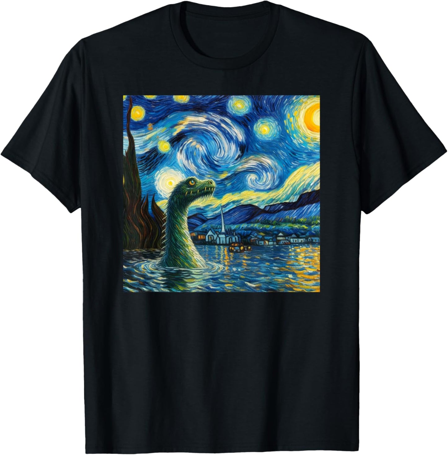 Loch Ness Monster in Starry Night Van Gogh Style Nessie T-Shirt - T-Shirt | Black