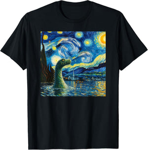 Loch Ness Monster in Starry Night Van Gogh Style Nessie T-Shirt - T-Shirt | Black