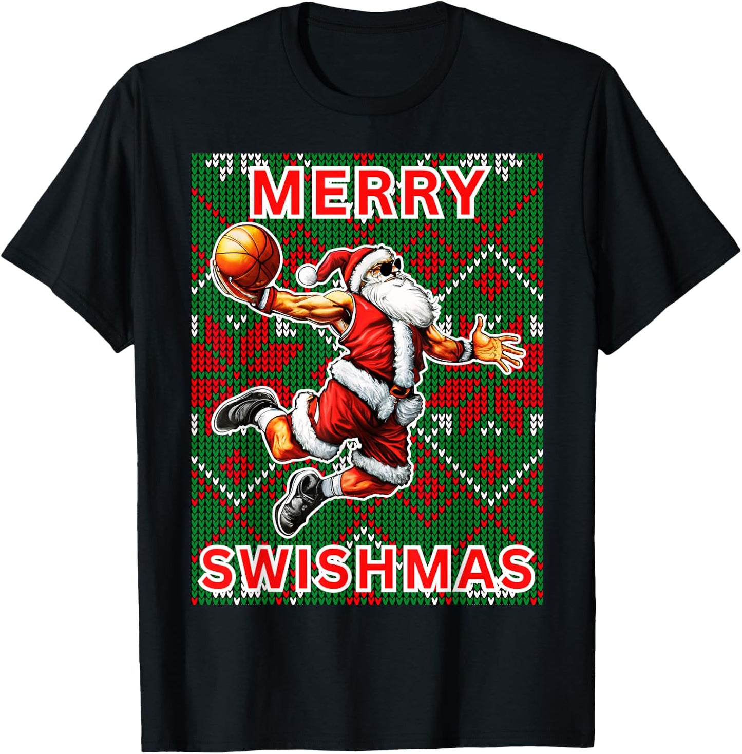 Merry Swishmas Basketball Christmas Santa Claus Slam Dunk T-Shirt - T-Shirt | Black