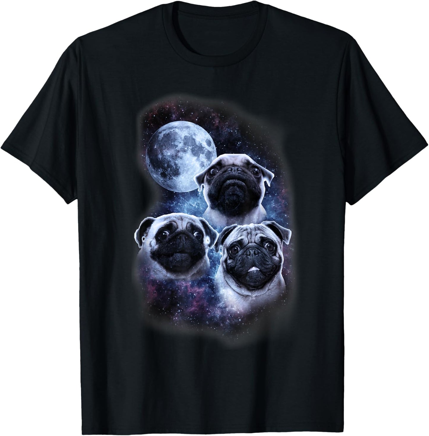 Cute pug design in space, full moon, stars, milky way T-Shirt - T-Shirt | Black