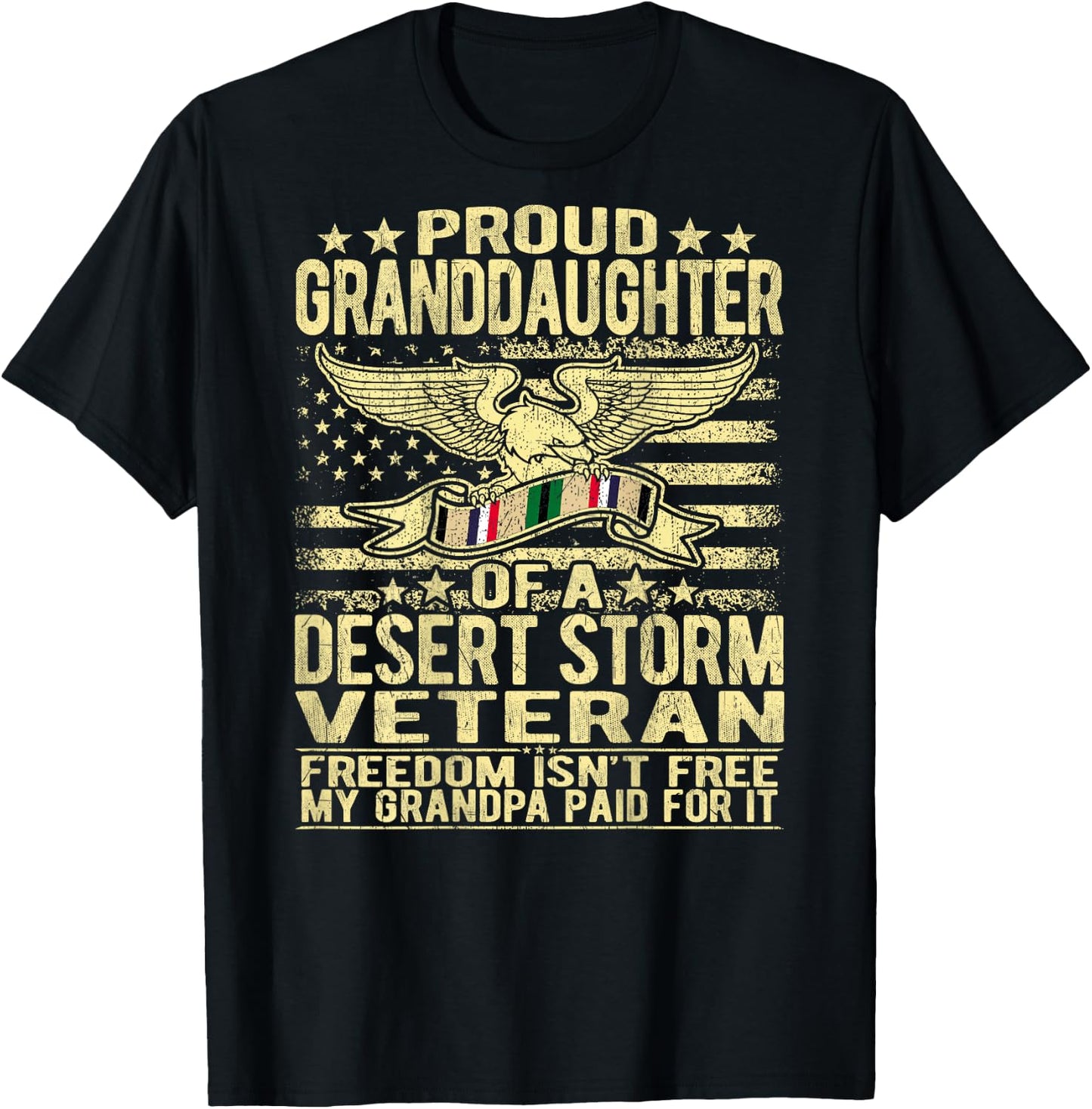 Proud Granddaughter Of A Desert Storm Veteran Ribbon US Flag T-Shirt - T-Shirt | Black