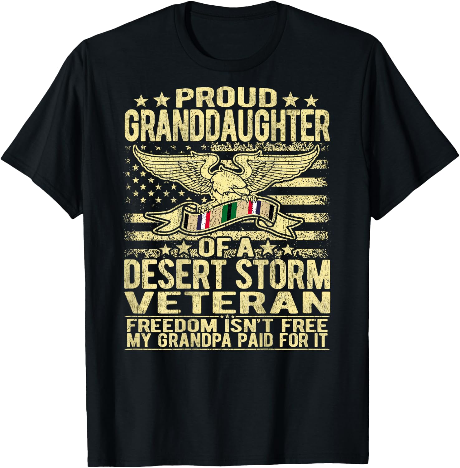 Proud Granddaughter Of A Desert Storm Veteran Ribbon US Flag T-Shirt - T-Shirt | Black