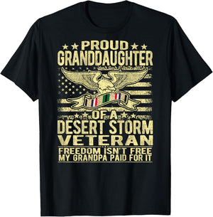 Proud Granddaughter Of A Desert Storm Veteran Ribbon US Flag T-Shirt - T-Shirt | Black