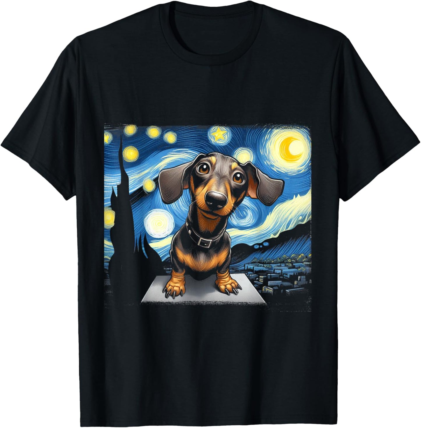 Funny Dachshunds Sausage Dogs in a Starry Night T-Shirt - T-Shirt | Black