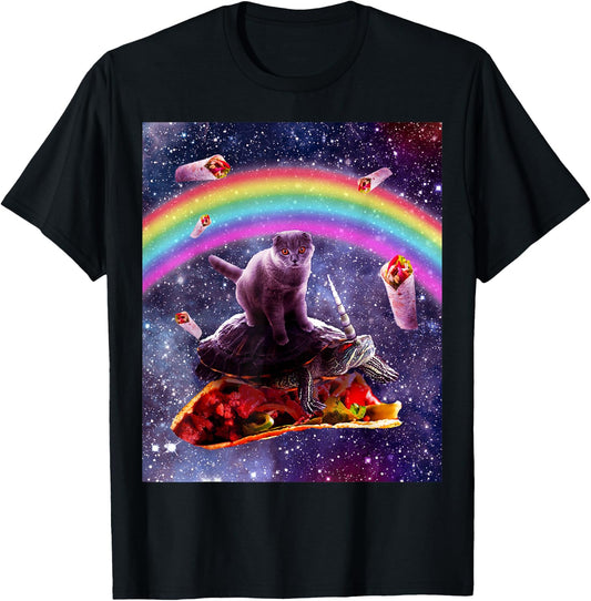 Space Cat Riding Turtle Unicorn - Taco & Burrito T-Shirt - T-Shirt | Black