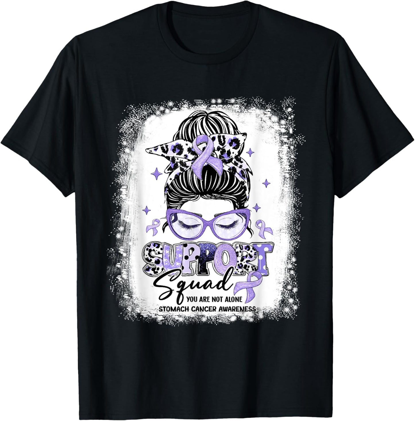 Support Squad Leopard Messy Bun Stomach Cancer Awareness T-Shirt - T-Shirt | Black