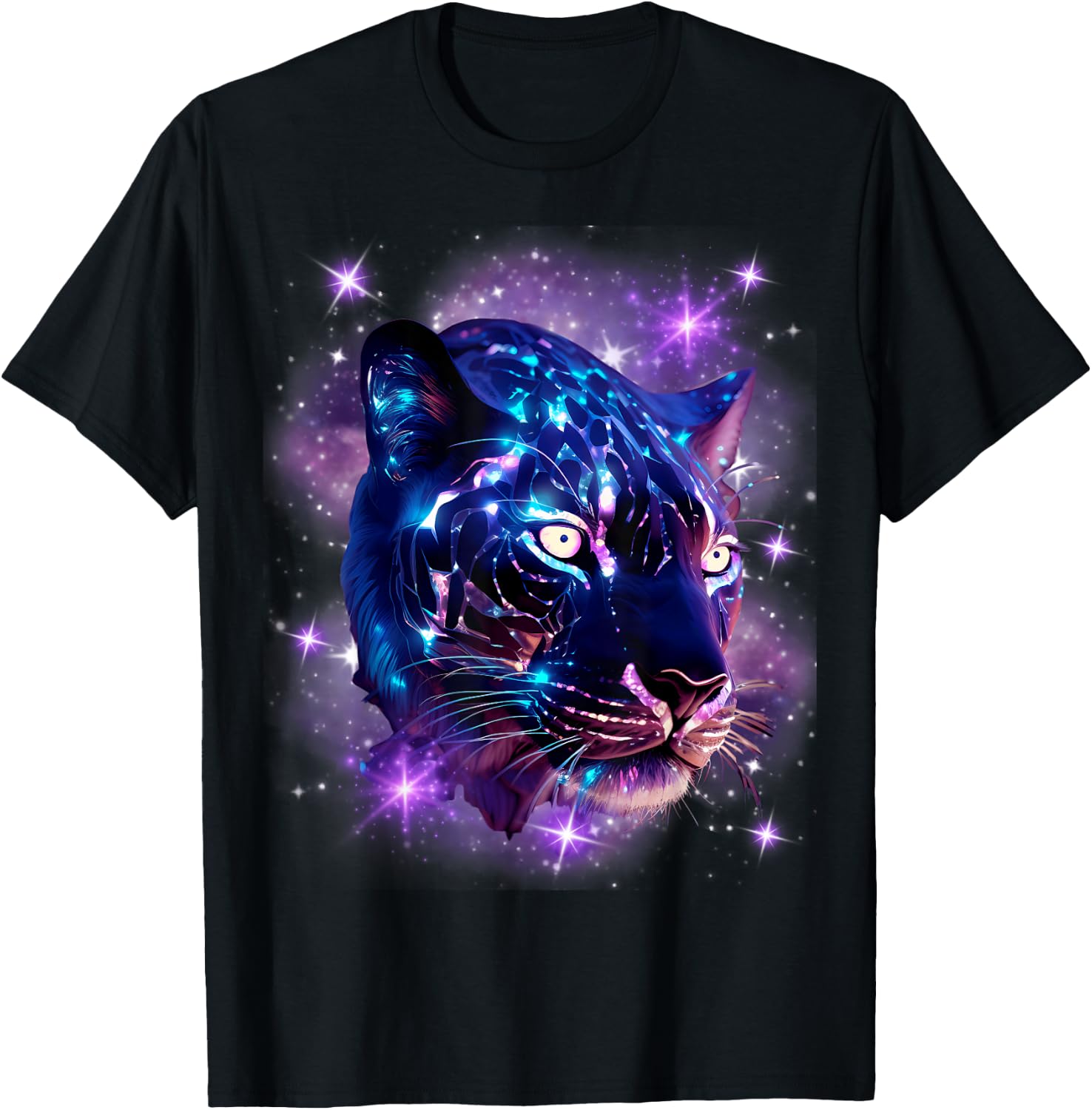 Cosmic Cheetah Leopard Tiger Purple Galaxy Stars Celestial T-Shirt - T-Shirt | Black