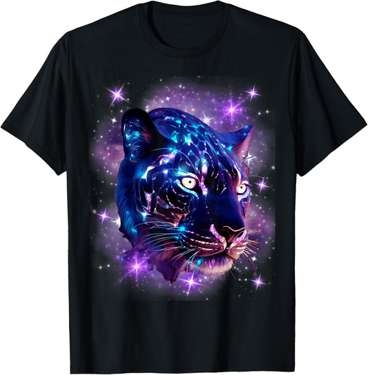 Cosmic Cheetah Leopard Tiger Purple Galaxy Stars Celestial T-Shirt - T-Shirt | Black