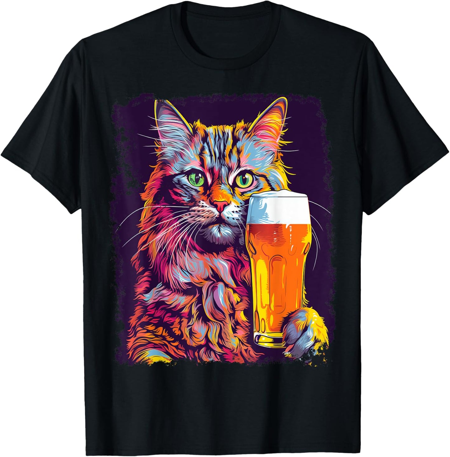 Noah&Friends Cat Drinking Beer -Adults Black Small Classic Fit U-Neck T-Shirt - T-Shirt | Black