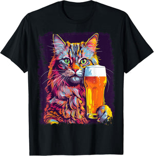 Noah&Friends Cat Drinking Beer -Adults Black Small Classic Fit U-Neck T-Shirt - T-Shirt | Black