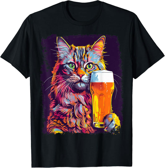 Noah&Friends Cat Drinking Beer -Adults Black Small Classic Fit U-Neck T-Shirt - T-Shirt | Black