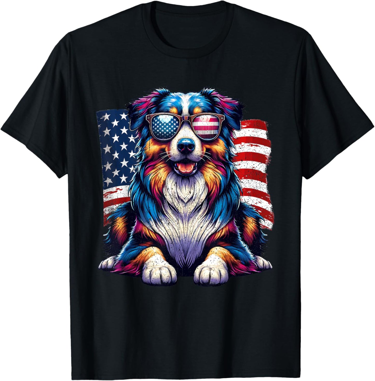 Vintage Australian Shepherd American Flag Pets Dogs USA US T-Shirt - T-Shirt | Black