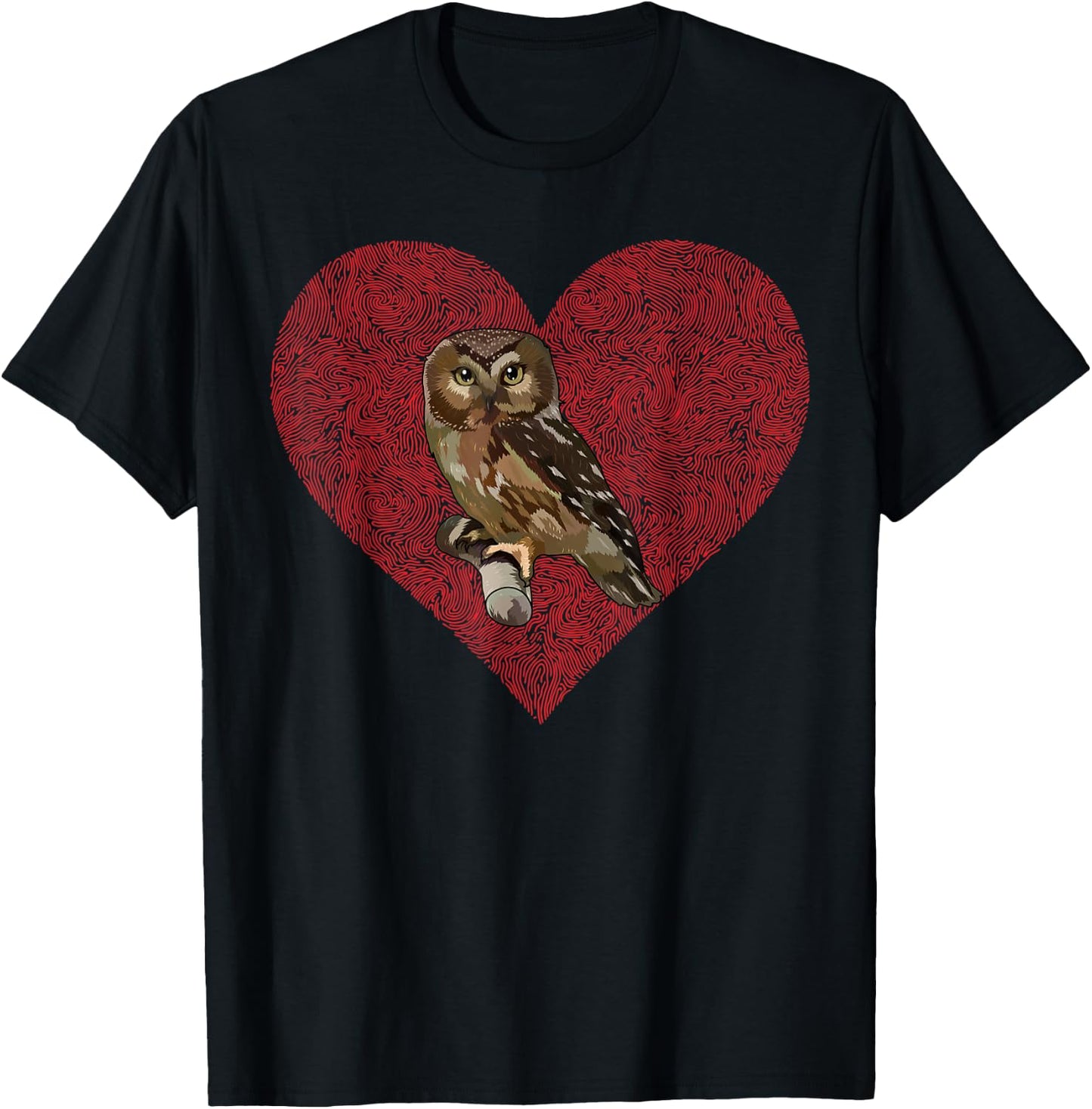 Northern Saw-whet Owl Valentines Day Bird Love Fingerprint T-Shirt - T-Shirt | Black