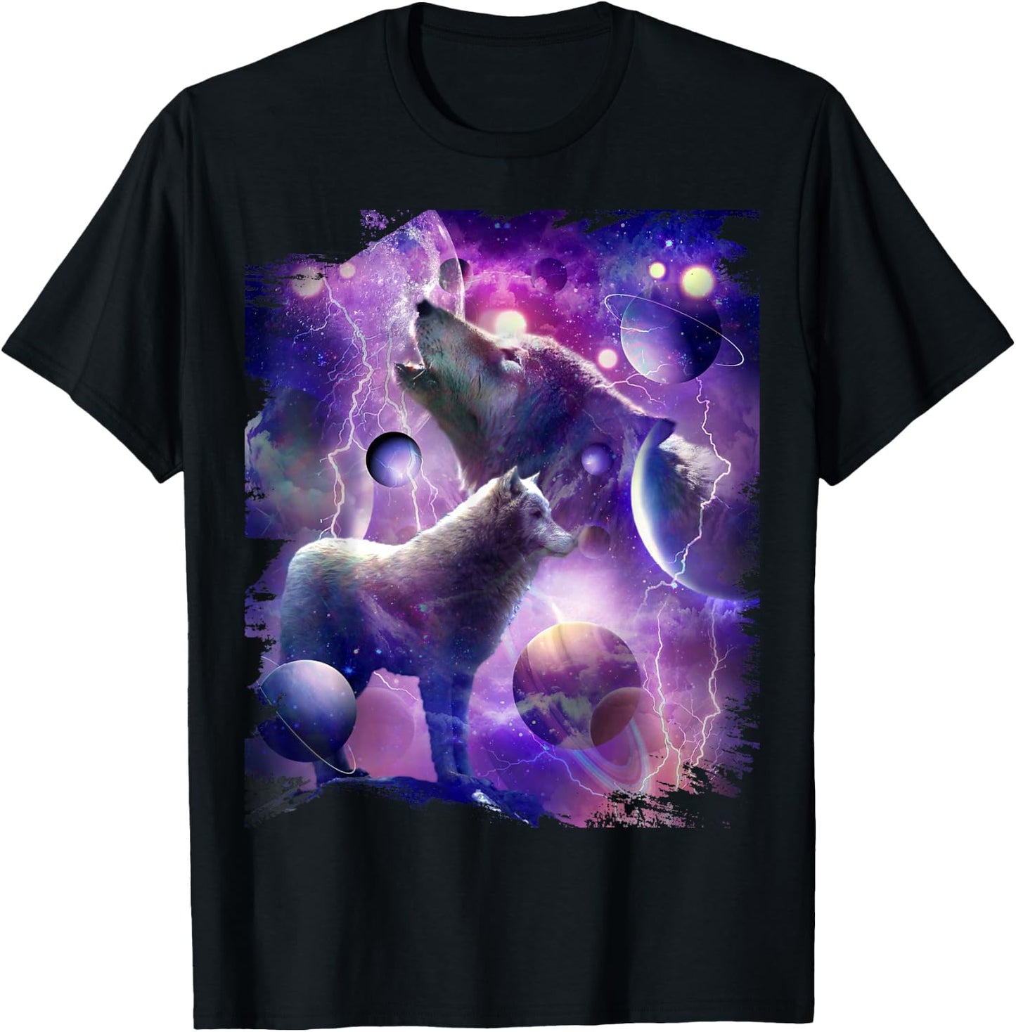 Cosmic Wolf Howling at Moon in Space T-Shirt - T-Shirt | Black