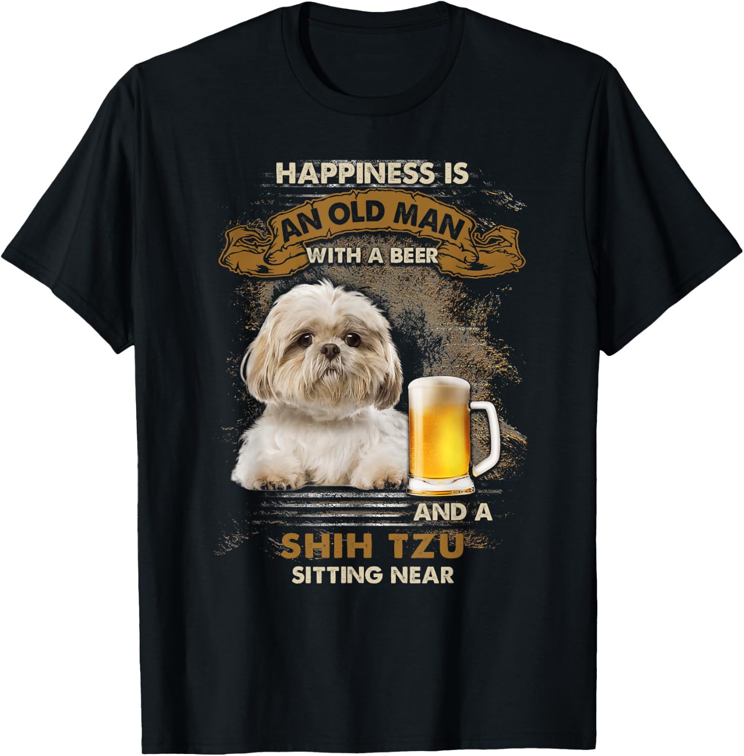 Happiness is an old man with a beer and a shih tzu T-Shirt - T-Shirt | Black