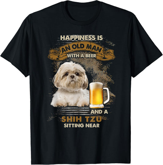 Happiness is an old man with a beer and a shih tzu T-Shirt - T-Shirt | Black