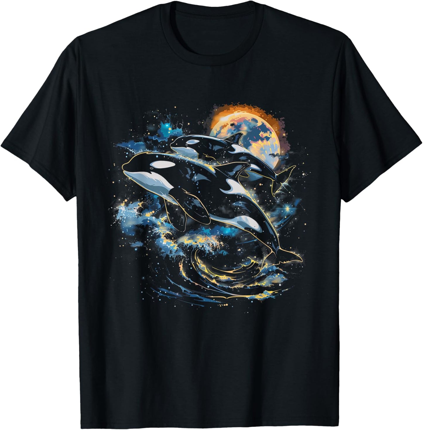 Orca In Space, Planets, Stars, Wall Lovers T-Shirt - T-Shirt | Black