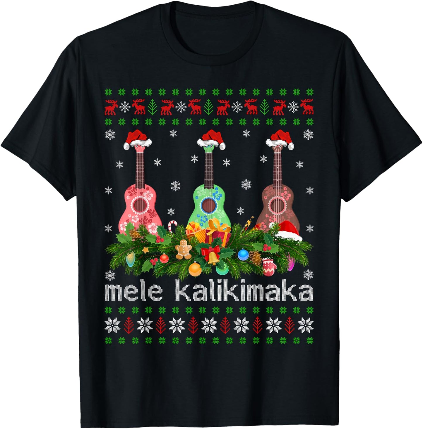 Mele Kalikimaka Ukulele Guitar Gift Ugly Ukulele Christmas T-Shirt - T-Shirt | Black