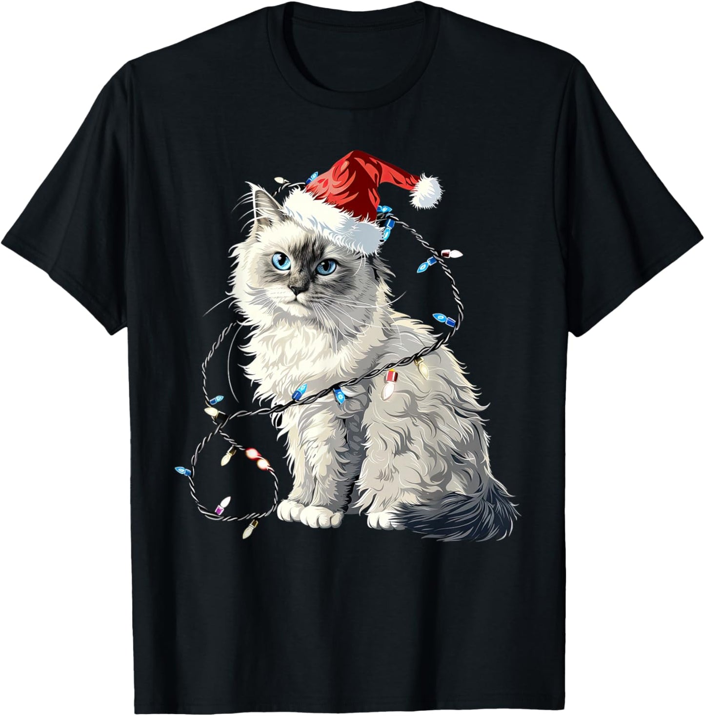 Cute Ragdoll Cat Santa Hat Christmas Lights Feline T-Shirt - T-Shirt | Black