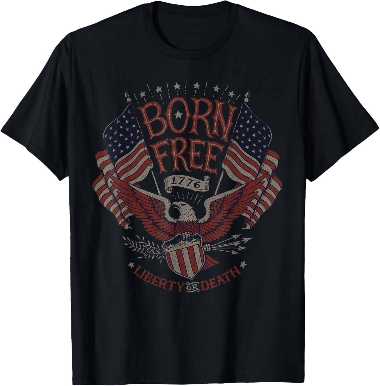 Vintage Born Free Eagle American Flag 1776 4th of July USA T-Shirt - T-Shirt | Black