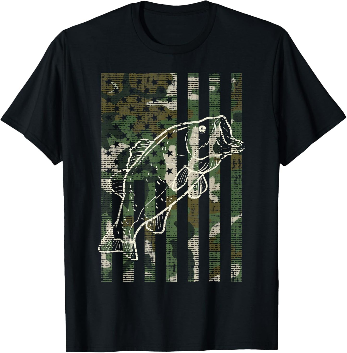 Fishing Camo US Flag Fish Bass Patriot Fisherman Dad Gift T-Shirt - T-Shirt | Black