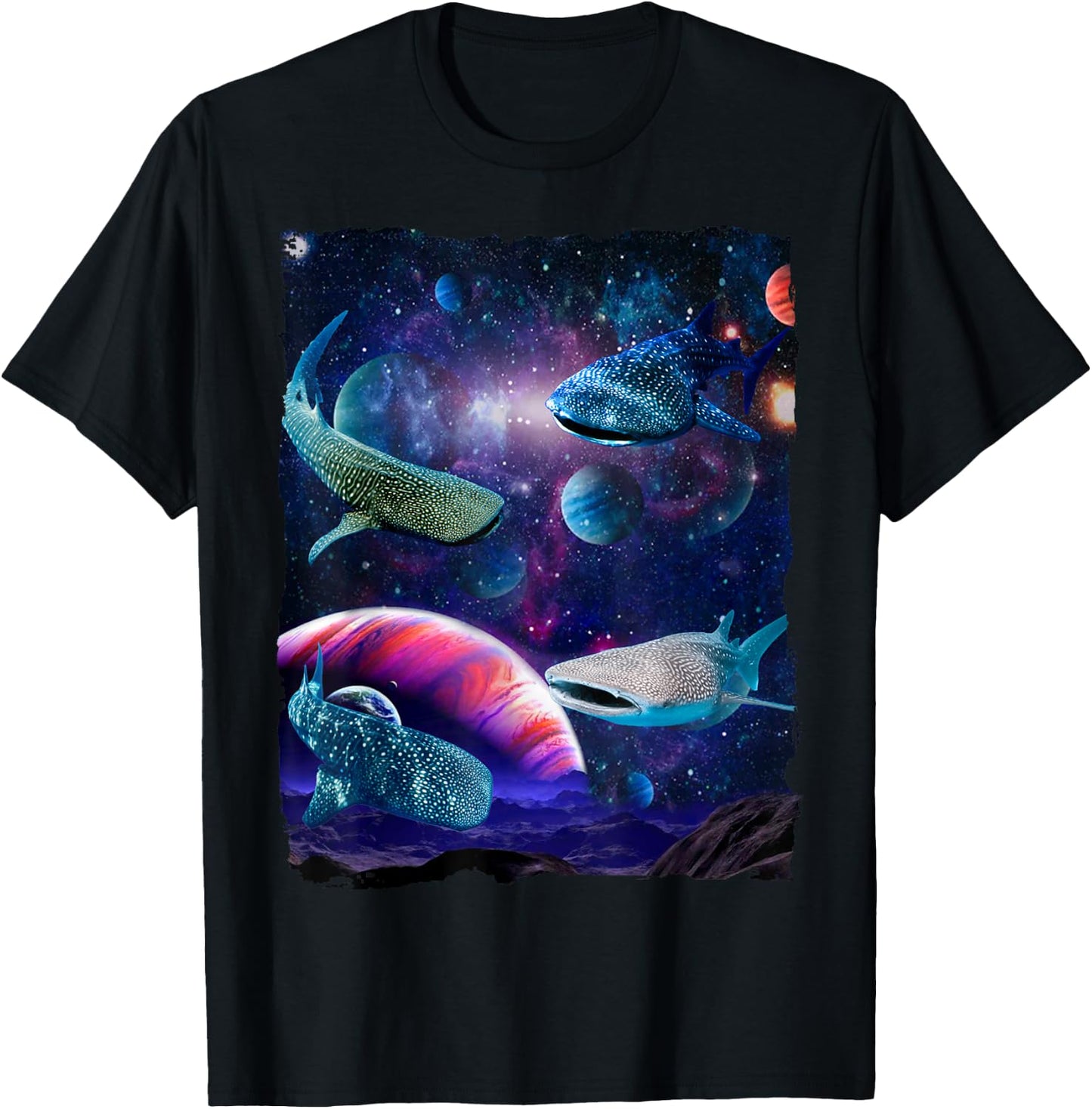 Sharks Universe Space Random Galaxy Fish water Whale Shark T-Shirt - T-Shirt | Black