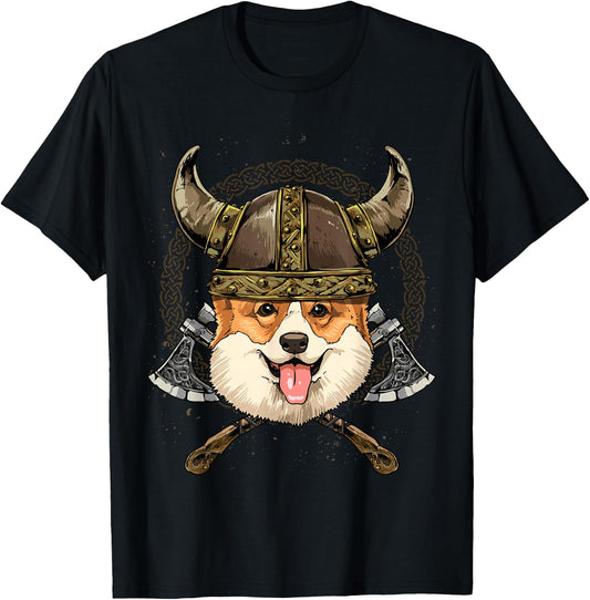 Viking Corgi Dog with Viking Helmet Mjolnir Axes T-Shirt - T-Shirt | Black