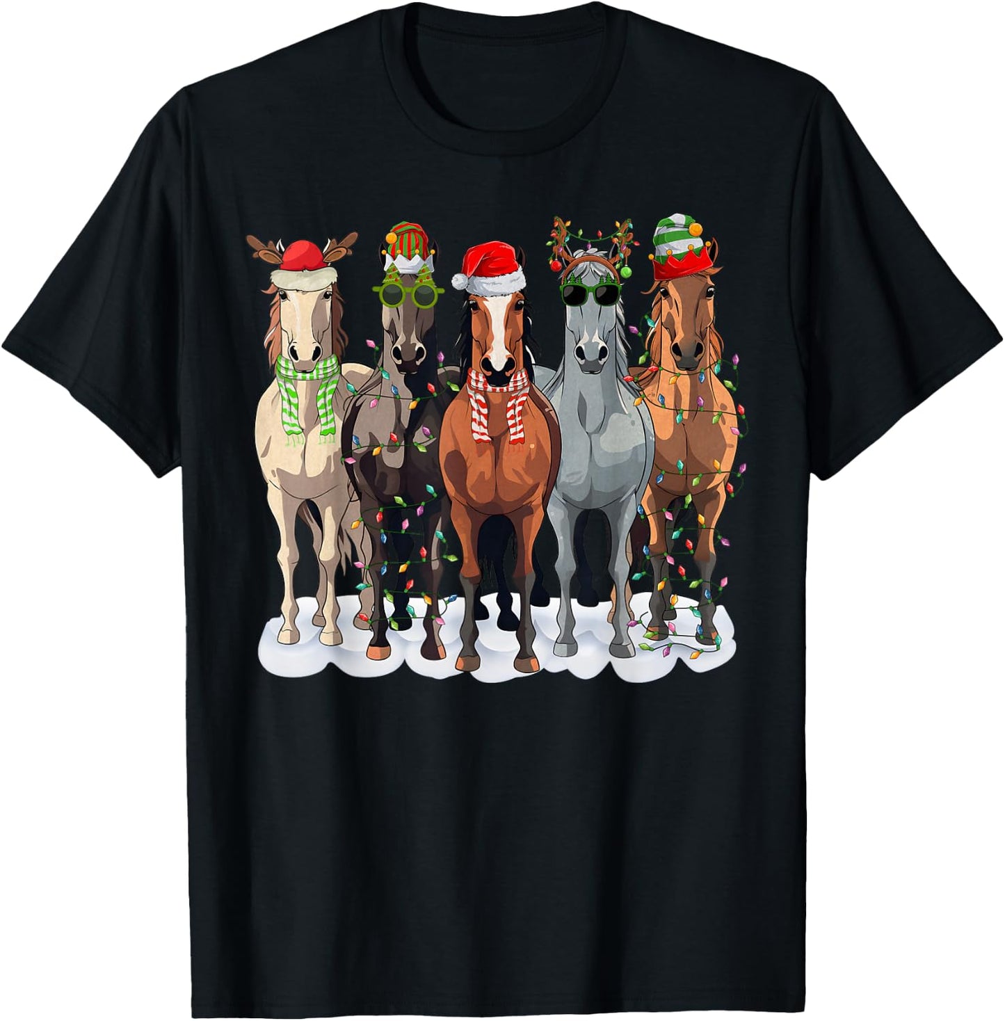 Merry Christmas Horse Western Santa Hat Xmas Lights Pajama T-Shirt - T-Shirt | Black