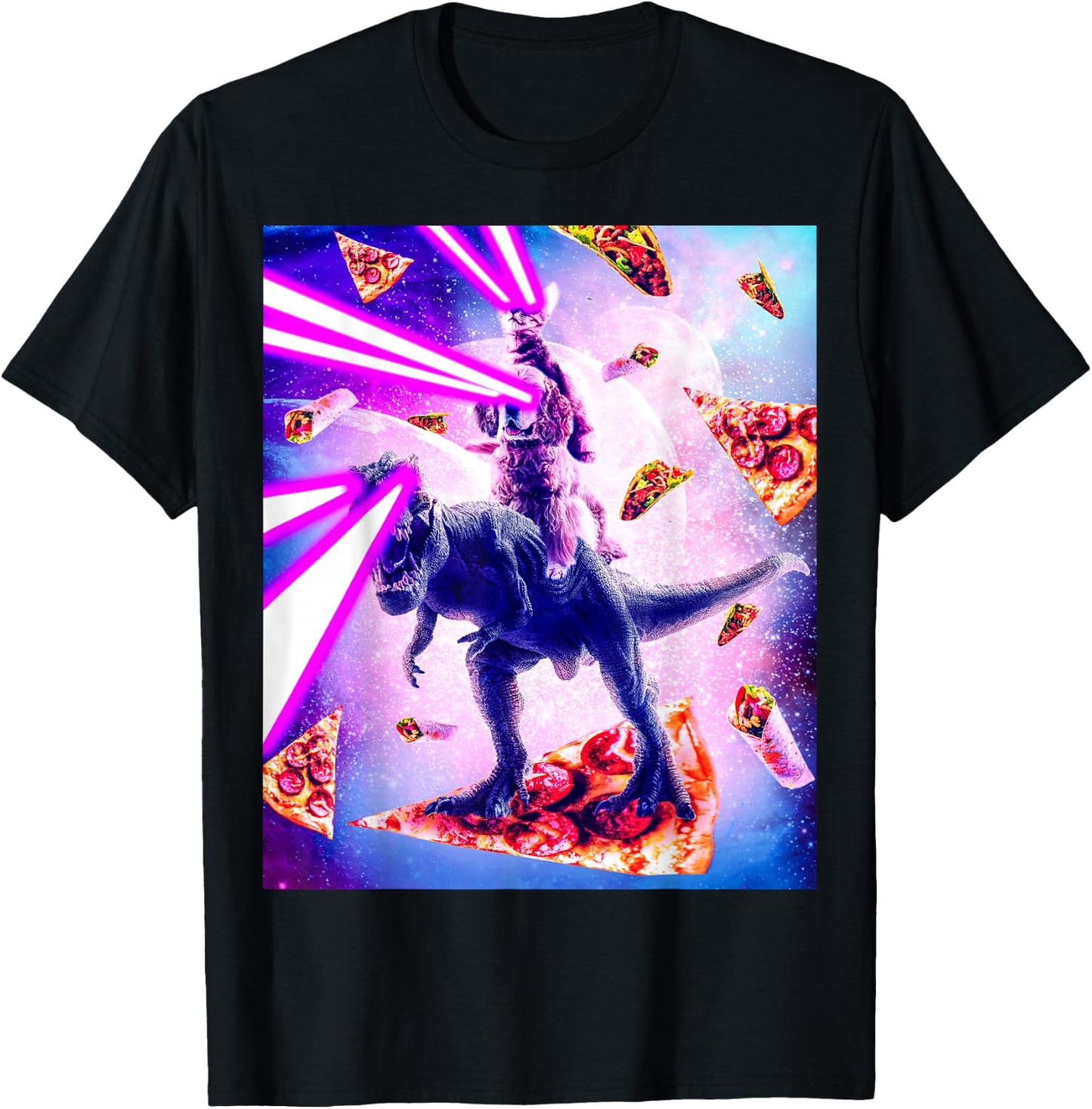 Laser Eyes Space Cat Riding Dog And Dinosaur T-Shirt - T-Shirt | Black