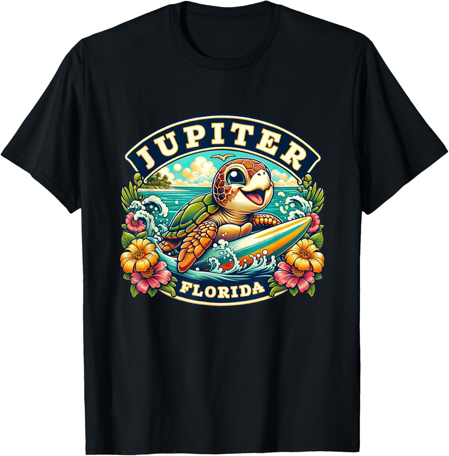 Jupiter Florida Cute Sea Turtle Surfing T-Shirt - T-Shirt | Black