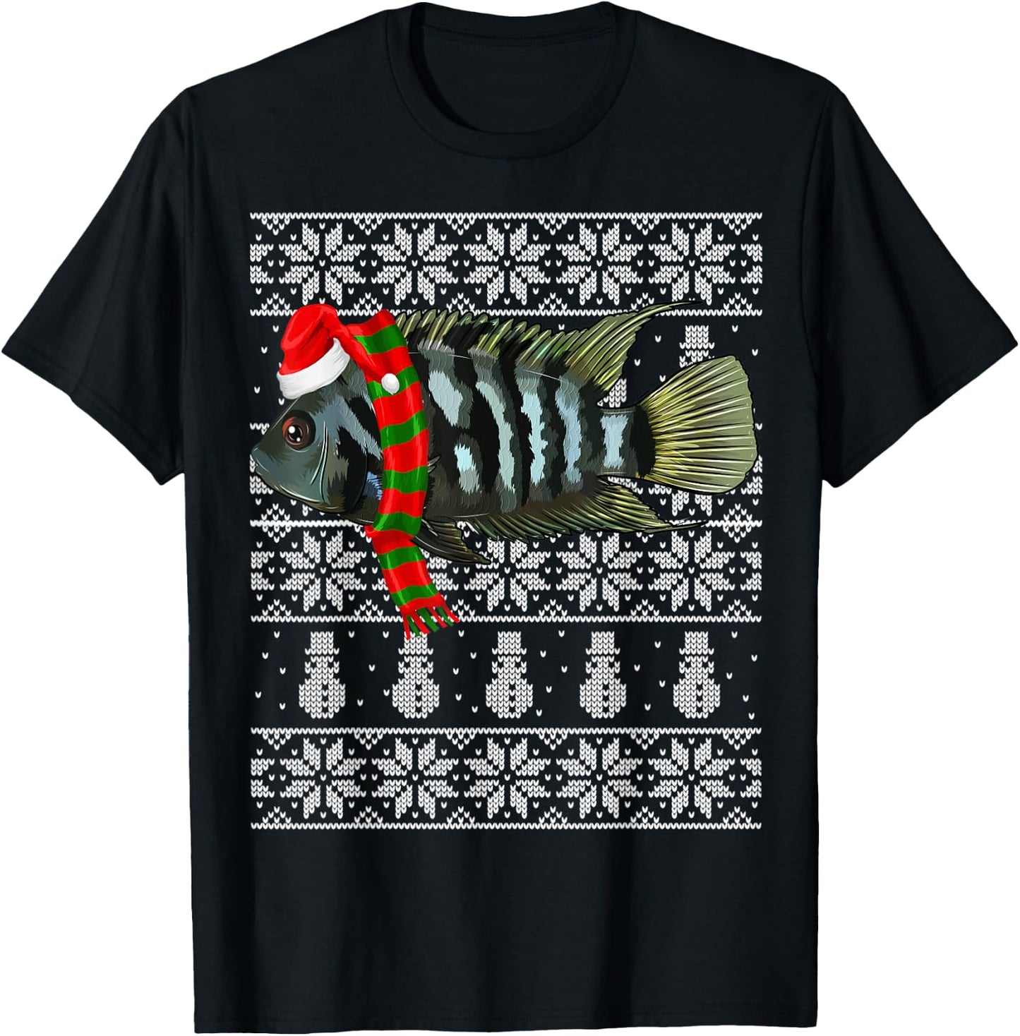 Fish Xmas Santa Hat Convict Cichlids Ugly Christmas T-Shirt - T-Shirt | Black