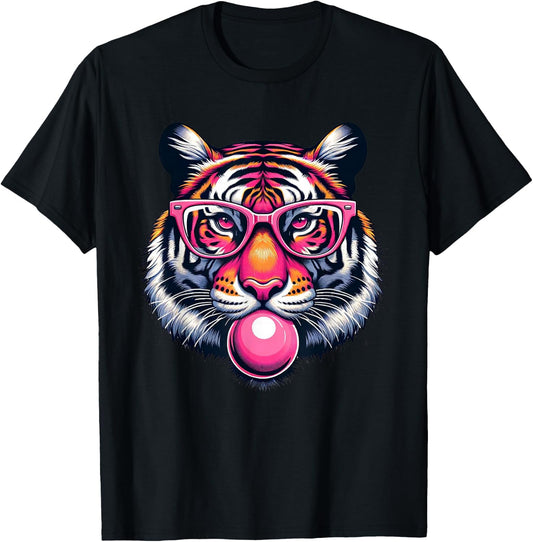 Funny Tiger Wearing Eyeglasses Bubblegum Tiger Lover T-Shirt - T-Shirt | Black