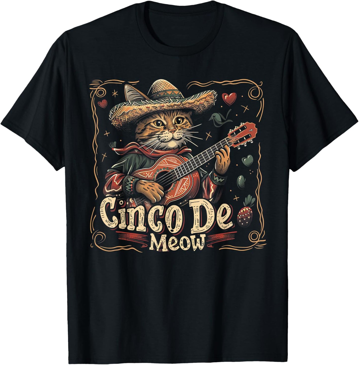 Cat - Cinco De Meow Mayo Mexican Fiesta Men Women Boys Girls T-Shirt - T-Shirt | Black