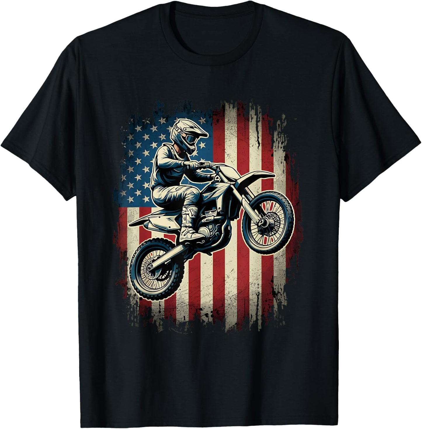 Dirt Bike American Flag Motocross Biker USA Vintage T-Shirt - T-Shirt | Black