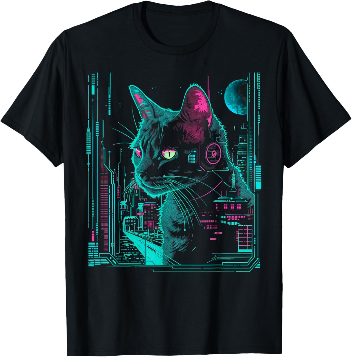 Cyberpunk Cat with cybernetic enhancements T-Shirt - T-Shirt | Black