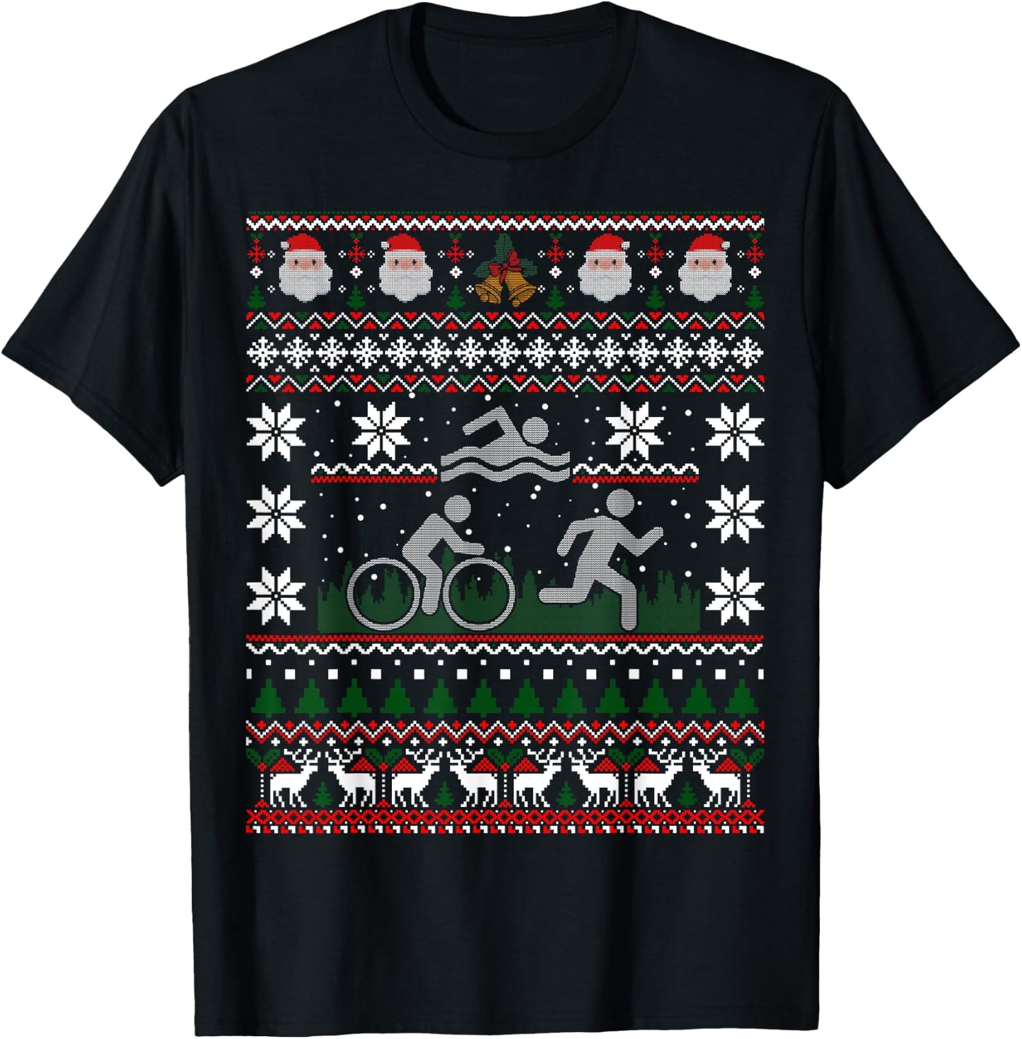 Triathlon Ugly Christmas Sweater Swim Bike Run Funny T-Shirt - T-Shirt | Black