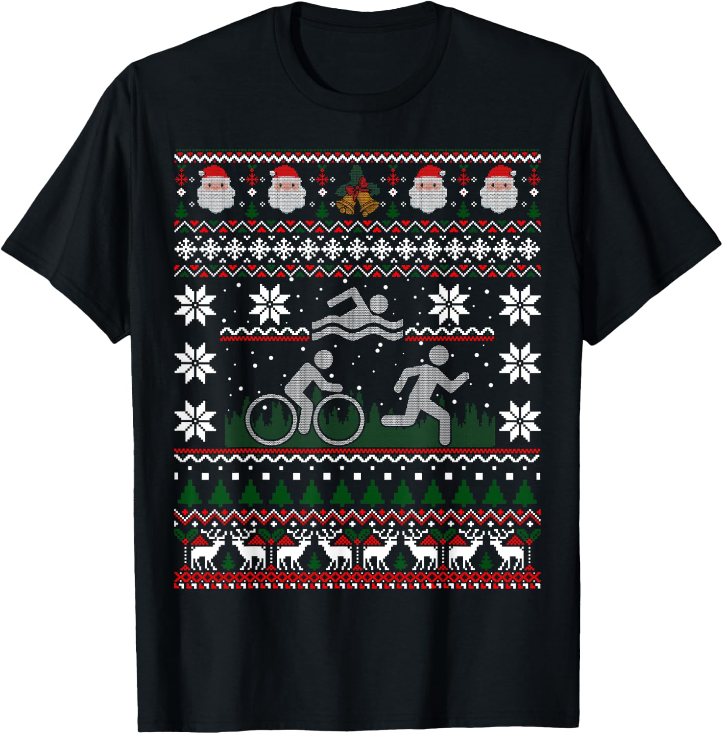 Triathlon Ugly Christmas Sweater Swim Bike Run Funny T-Shirt - T-Shirt | Black