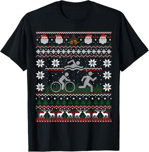 Triathlon Ugly Christmas Sweater Swim Bike Run Funny T-Shirt - T-Shirt | Black