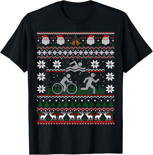 Triathlon Ugly Christmas Sweater Swim Bike Run Funny T-Shirt - T-Shirt | Black