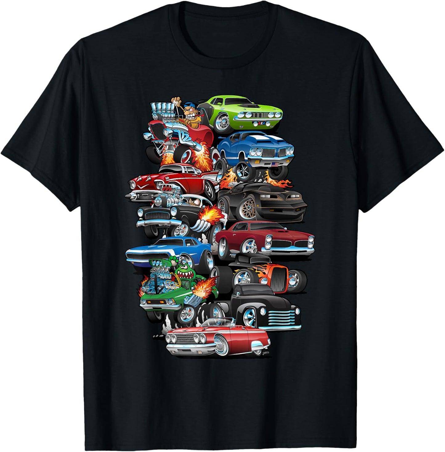 Car Madness! Muscle Cars, Classic Cars and Hotrods Cartoon T-Shirt - T-Shirt | Black