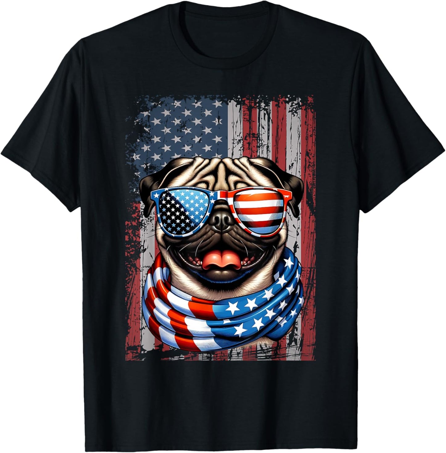 Pug Dog Lover US Flag 4th of July Patriotic T-Shirt - T-Shirt | Black