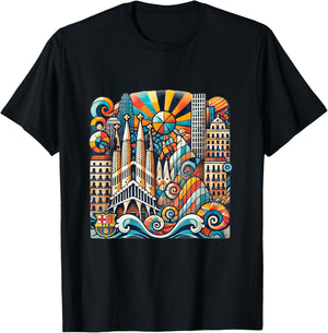 Barcelona-Inspired Abstract Art Design T-Shirt - T-Shirt | Black