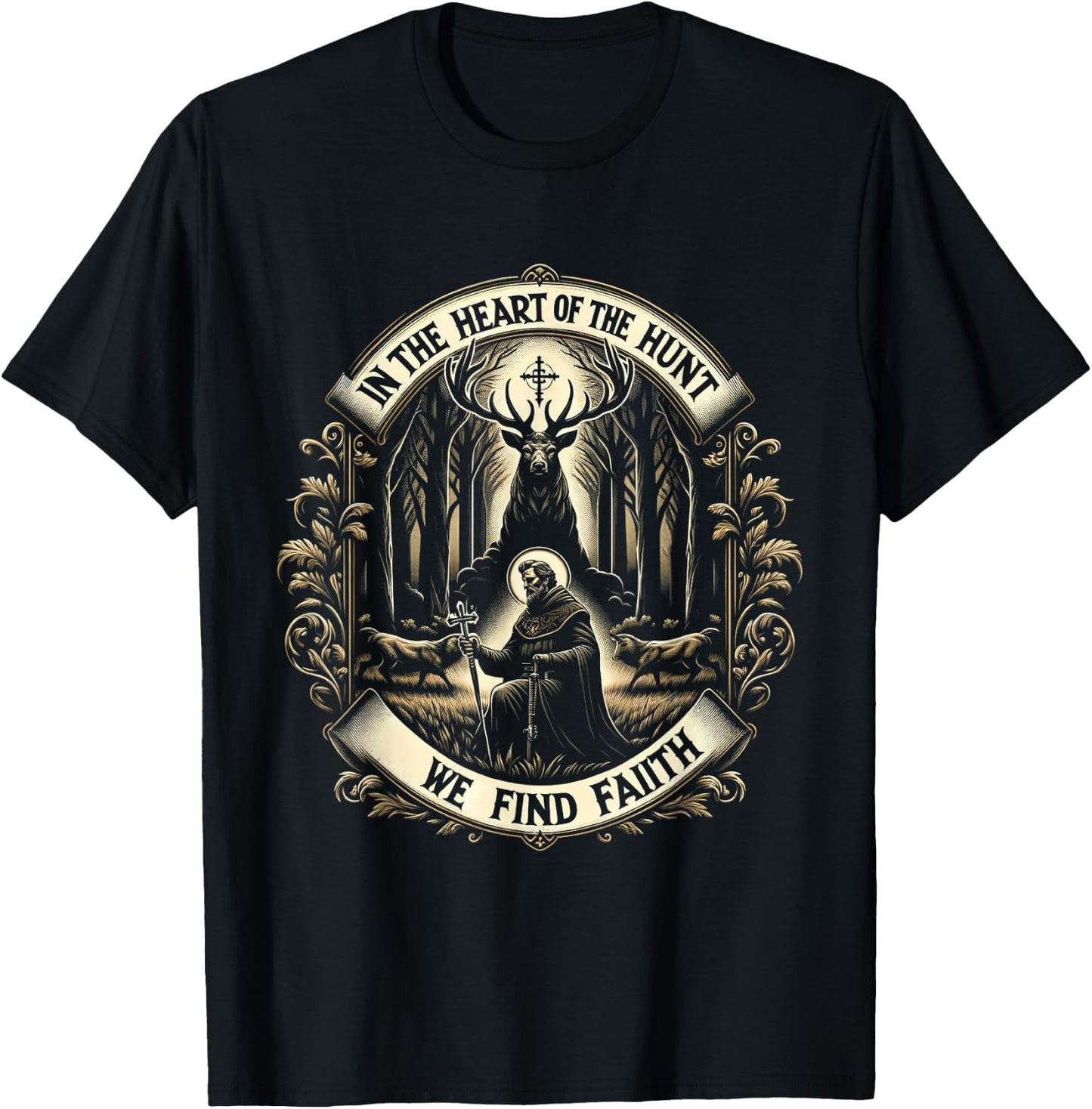 St. Hubertus Patron Hunter & Stag - Christian Faith T-Shirt - T-Shirt | Black