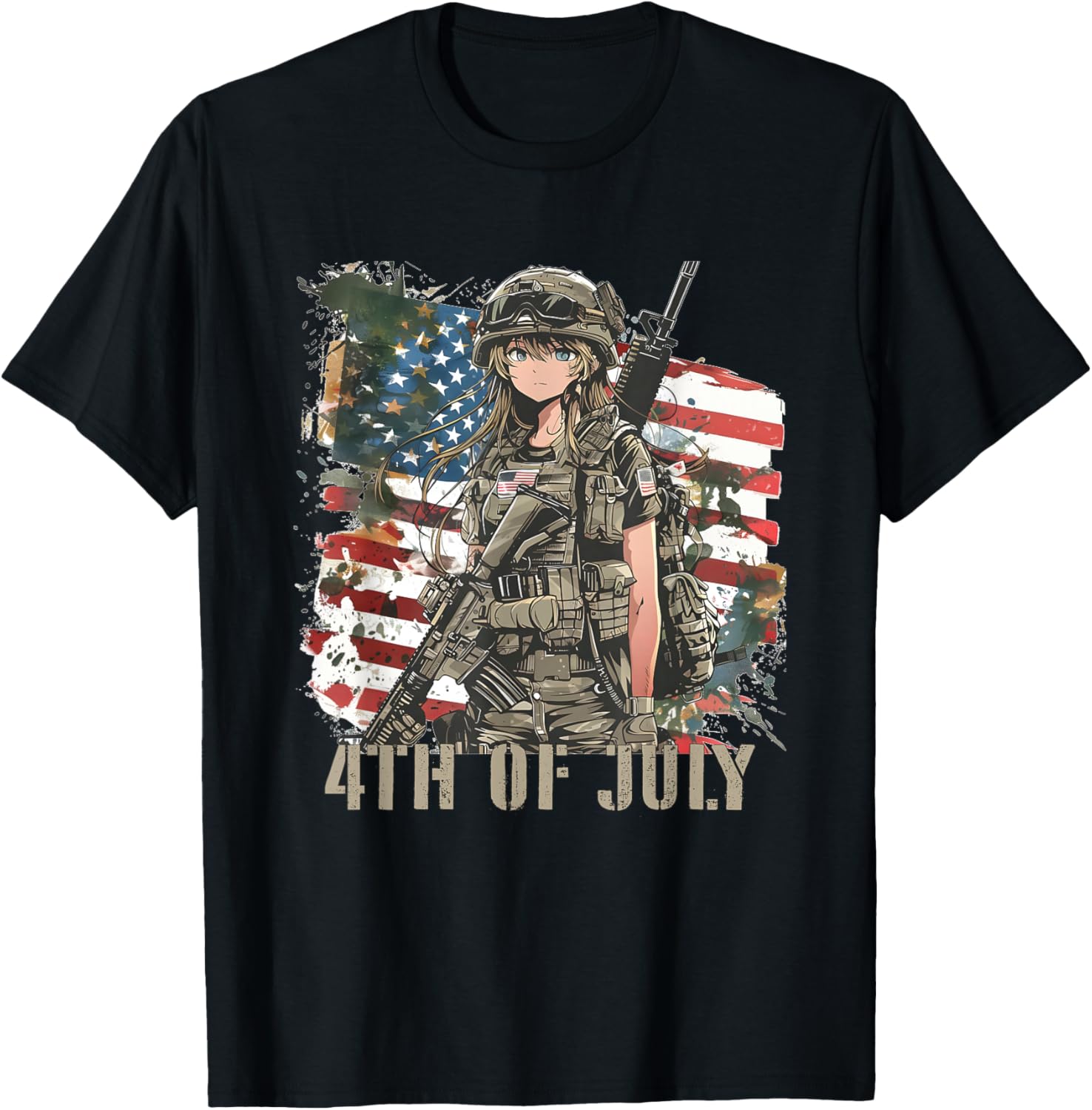 4th Of July Military Anime Girl Patriotic Kid Women USA Flag T-Shirt - T-Shirt | Black