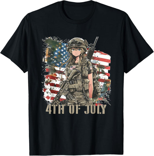 4th Of July Military Anime Girl Patriotic Kid Women USA Flag T-Shirt - T-Shirt | Black