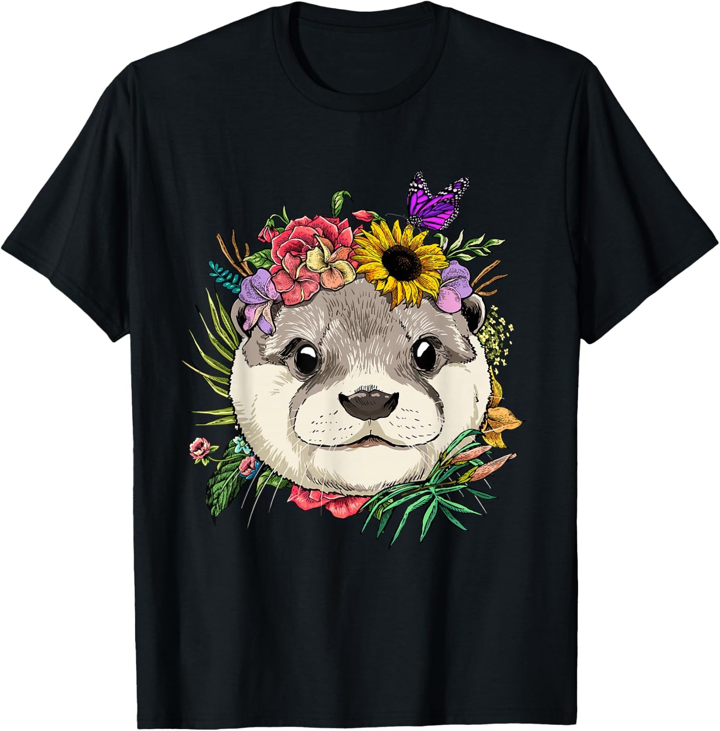 Floral Otter Spring Nature Otter Animal Lovers T-Shirt - T-Shirt | Black