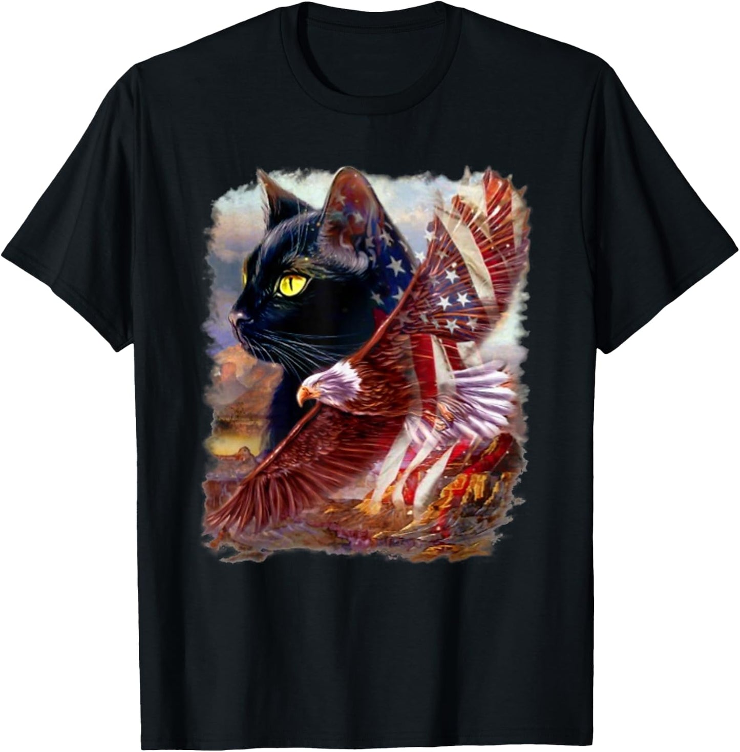 Black Cat Kitten American Flag Eagle 4th July Independence Men T-Shirt - T-Shirt | Black
