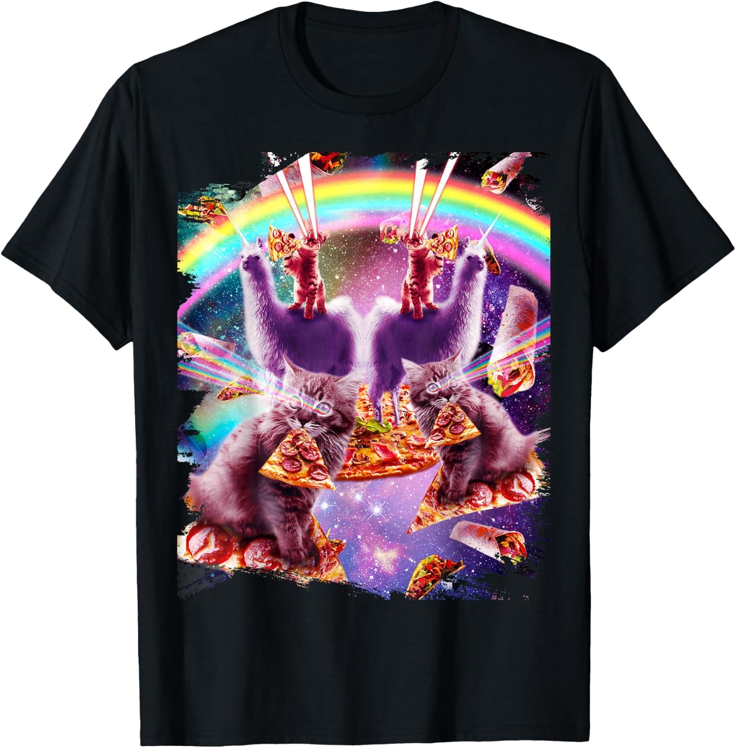 Laser Pizza Cat On Llama, Lazer Kitty Cats In Rainbow Space T-Shirt - T-Shirt | Black
