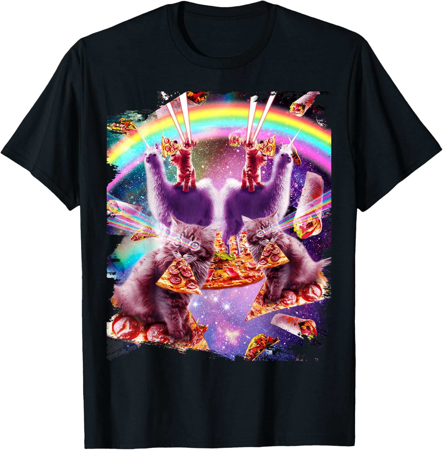 Laser Pizza Cat On Llama, Lazer Kitty Cats In Rainbow Space T-Shirt - T-Shirt | Black